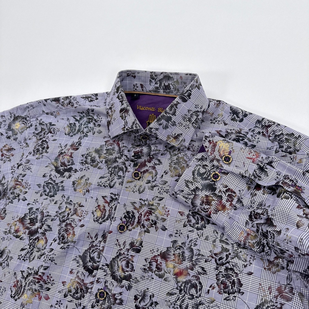 Luchiano Visconti Shirt Mens Small Purple Floral Check Cotton Modal Button Up